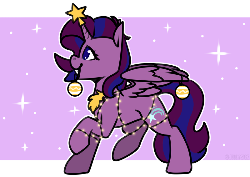 Size: 3508x2480 | Tagged: safe, artist:jellysiek, derpibooru import, oc, unofficial characters only, alicorn, pony, alicorn oc, christmas, christmas lights, christmas ornament, decoration, female, high res, holiday, horn, image, mare, mouth hold, partially open wings, png, profile, raised hoof, side view, solo, sparkles, string lights, wings