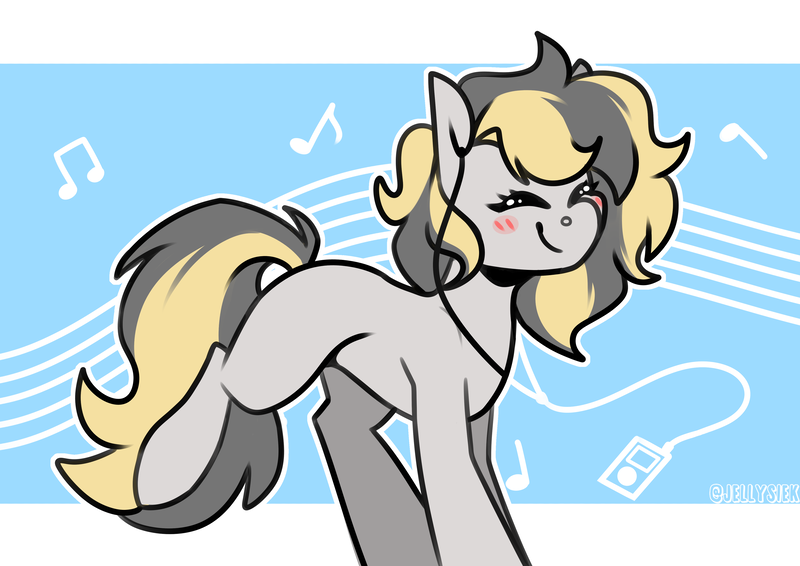 Size: 4093x2894 | Tagged: safe, artist:jellysiek, derpibooru import, oc, unofficial characters only, earth pony, pony, blush lines, blush sticker, blushing, earth pony oc, eyes closed, high res, image, music notes, png, smiling, solo, tail, two toned mane, two toned tail