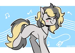 Size: 4093x2894 | Tagged: safe, artist:jellysiek, derpibooru import, oc, unofficial characters only, earth pony, pony, blush lines, blush sticker, blushing, earth pony oc, eyes closed, high res, image, music notes, png, smiling, solo, tail, two toned mane, two toned tail