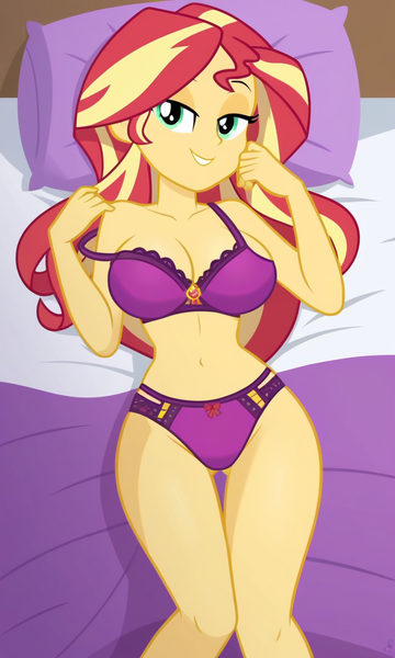 Size: 768x1280 | Tagged: questionable, ai content, derpibooru import, machine learning generated, prompter:drakoatzeylit, sunset shimmer, anthro, human, equestria girls, g4, borrowed clothes, clothes, e-cup bra, full body, green eyes, humanized, image, lying down, multicolored hair, png, smiling, solo, underwear