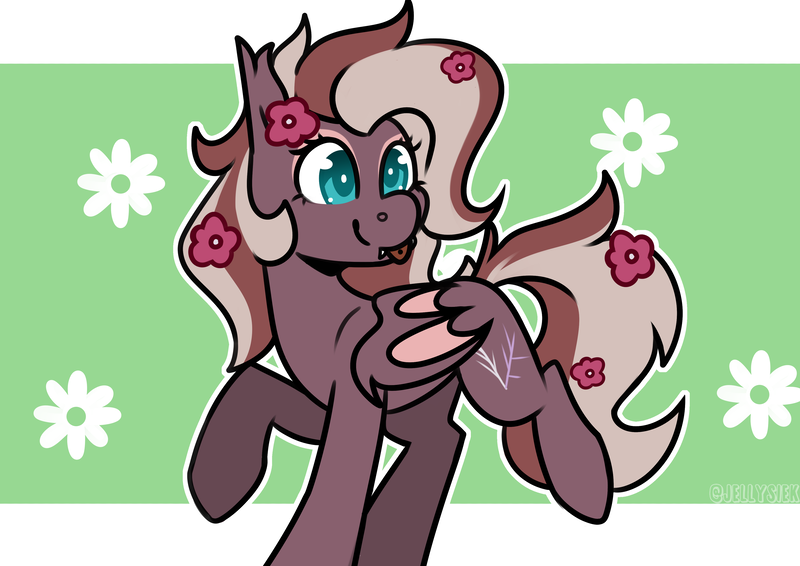 Size: 4093x2894 | Tagged: safe, artist:jellysiek, derpibooru import, oc, oc:efflorescence, unofficial characters only, bat pony, pony, bat pony oc, bat wings, ear tufts, fangs, female, flower, flower in hair, high res, image, mare, png, raised hoof, raised leg, smiling, solo, standing on two hooves, tail, tongue out, two toned mane, two toned tail, wings