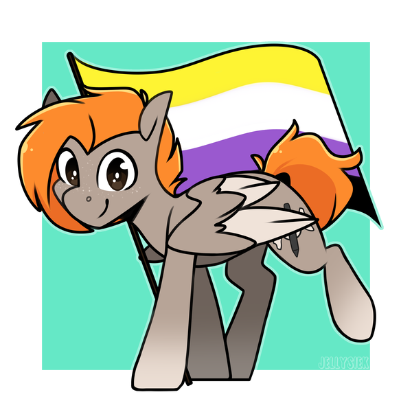 Size: 2894x2894 | Tagged: safe, artist:jellysiek, derpibooru import, oc, oc:carmel, unofficial characters only, pegasus, pony, high res, image, looking at you, nonbinary, nonbinary pride flag, pegasus oc, png, pride, pride flag, raised leg, smiling, smiling at you, solo, tail, wings