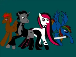 Size: 1024x768 | Tagged: safe, artist:ruchiyoto, oc, oc:black cross, oc:emala jiss, oc:rainbow storm, oc:tootsie4ever, unofficial characters only, pegasus, pony, unicorn, zebra, boots, clothes, collar, female, image, jacket, male, mare, png, shoes, simple background, spiked collar, stallion, sword, weapon