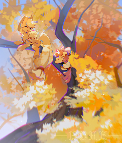 Size: 2178x2560 | Tagged: safe, artist:不可食用骨, derpibooru import, apple bloom, applejack, earth pony, pony, g4, adorabloom, apple sisters, autumn, autumn leaves, bow, chest fluff, climbing, cowboy hat, cute, duo, female, filly, foal, hair bow, hat, image, in a tree, jackabetes, leaf, leaves, mare, outdoors, png, siblings, sisters, sweat, tree, underhoof