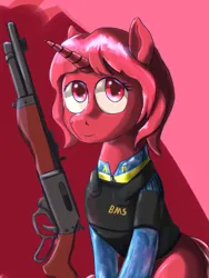 Size: 1536x2048 | Tagged: safe, artist:soursweet cheese, derpibooru import, oc, oc:hardstorm rose, unofficial characters only, pony, unicorn, clothes, gun, horn, image, jumpsuit, looking at you, png, rifle, solo, vault suit, weapon