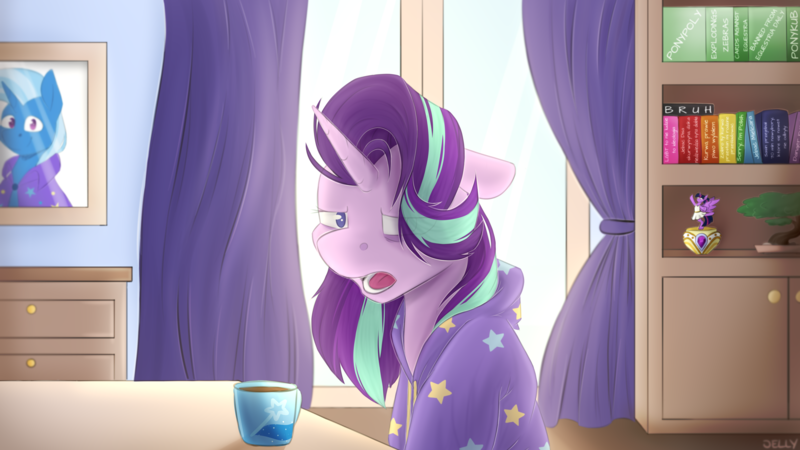 Size: 3840x2160 | Tagged: safe, artist:jellysiek, derpibooru import, starlight glimmer, trixie, twilight sparkle, twilight sparkle (alicorn), alicorn, pony, unicorn, g4, ballerina, book, bookshelf, bruh, clothes, coffee, coffee mug, curtains, eye clipping through hair, female, floppy ears, high res, horn, image, indoors, mare, morning, morning ponies, mug, open mouth, picture frame, png, polish, sitting, sleepy, solo focus, tutu, twilarina, vulgar, window