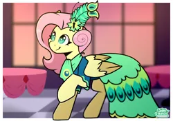 Size: 2480x1748 | Tagged: safe, artist:jellysiek, derpibooru import, fluttershy, pegasus, pony, g4, clothes, dress, female, folded wings, gala dress, high res, image, indoors, mare, png, raised hoof, smiling, solo, window, wings