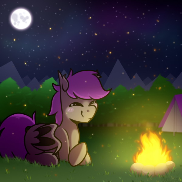 Size: 2894x2894 | Tagged: safe, artist:jellysiek, derpibooru import, oc, unofficial characters only, bat pony, pony, bat pony oc, bat wings, blush sticker, blushing, campfire, commission, ear tufts, eyes closed, full moon, grass, high res, image, moon, night, night sky, outdoors, png, sky, smiling, solo, stars, tail, tent, wings