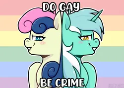 Size: 4093x2894 | Tagged: safe, artist:jellysiek, derpibooru import, bon bon, lyra heartstrings, sweetie drops, earth pony, pony, unicorn, g4, back to back, bedroom eyes, blush lines, blush sticker, blushing, caption, duo, duo female, female, gay pride flag, high res, horn, image, lesbian, lyrabon, mare, png, pride, pride flag, shipping, smiling, text