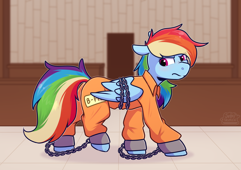 Size: 4093x2894 | Tagged: safe, artist:jellysiek, derpibooru import, rainbow dash, pegasus, pony, g4, ankle chain, ankle cuffs, b-f16, bondage, bound wings, butt, chains, clothes, commission, courtroom, cuffs, female, folded wings, grumpy, image, mare, plot, png, prison, prison outfit, prisoner, prisoner rd, solo, wings