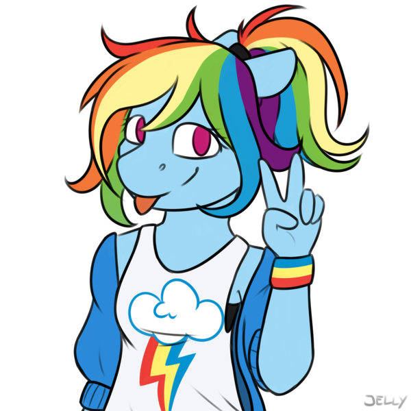 Size: 3000x3000 | Tagged: safe, artist:jellysiek, derpibooru import, rainbow dash, anthro, pegasus, equestria girls, g4, clothes, equestria girls outfit, female, high res, image, looking at you, png, ponytail, simple background, smiling, smiling at you, solo, tongue out, white background