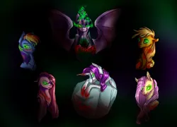 Size: 2500x1800 | Tagged: semi-grimdark, artist:pjj0, derpibooru import, applejack, fluttershy, pinkie pie, rainbow dash, rarity, twilight sparkle, alicorn, bat pony, bat pony alicorn, earth pony, pony, g4, bat ponified, bat wings, blood, boulder, crying, elements of disharmony, female, horn, image, implied cannibalism, mane six, mare, pinkamena diane pie, png, race swap, sombra eyes, spread wings, tears of blood, twibat, wings