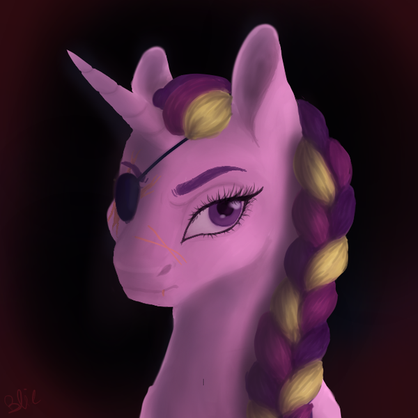 Size: 640x640 | Tagged: safe, artist:pjj0, derpibooru import, princess cadance, alicorn, pony, g4, alternate hairstyle, alternate universe, braid, bust, eyepatch, female, image, mare, png, portrait, solo