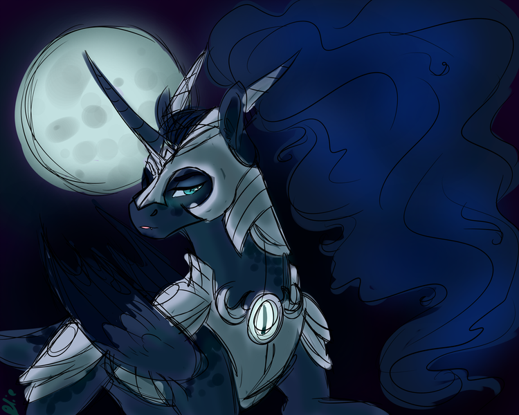 Size: 2738x2190 | Tagged: safe, artist:bluebrushcreations, derpibooru import, nightmare moon, alicorn, pony, g4, armor, blue eyes, blue mane, curved horn, digital art, ear fluff, ethereal mane, feather, female, flowing mane, folded wings, full moon, helmet, horn, horn guard (armor), horns, image, lidded eyes, looking at you, mare, moon, moonlight, night, peytral, png, raised hoof, sketch, sky, smiling, smiling at you, solo, sparkles, starry mane, stars, wings