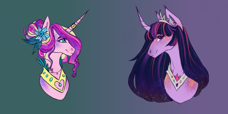 Size: 3464x1732 | Tagged: safe, artist:pjj0, derpibooru import, princess cadance, twilight sparkle, alicorn, pony, g4, alternate hairstyle, curved horn, duo, female, flower, flower in hair, hair bun, horn, horn ring, image, jewelry, mare, peytral, png, regalia, ring