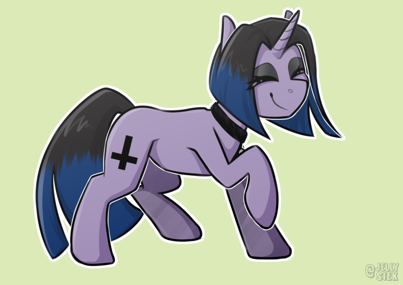 Size: 3508x2480 | Tagged: safe, artist:jellysiek, derpibooru import, oc, oc:gothica, unofficial characters only, pony, unicorn, choker, commission, cute, dancing, eyes closed, eyeshadow, female, high res, horn, image, makeup, mare, ocbetes, outline, png, raised hoof, simple background, smiling, solo, unicorn oc, white outline