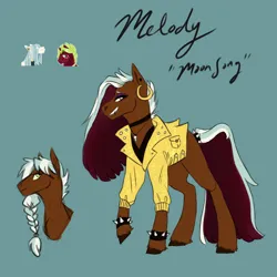 Size: 1024x1024 | Tagged: safe, artist:pjj0, derpibooru import, oc, oc:melody, oc:moon song, unofficial characters only, earth pony, pony, bracelet, braid, choker, clothes, ear piercing, earring, female, green background, image, jacket, jewelry, mare, necklace, piercing, png, simple background, solo, spiked wristband, unshorn fetlocks, wristband