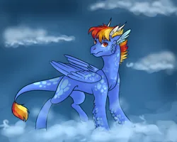 Size: 1024x820 | Tagged: safe, artist:pjj0, derpibooru import, oc, unofficial characters only, dracony, dragon, hybrid, cloud, female, image, leonine tail, magical lesbian spawn, next generation, offspring, on a cloud, parent:princess ember, parent:rainbow dash, parents:emberdash, png, solo, tail