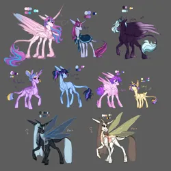 Size: 1024x1024 | Tagged: safe, artist:pjj0, derpibooru import, princess flurry heart, oc, oc:agape, oc:eros, oc:lutus, oc:mania, oc:philautia, oc:philia, oc:storge, alicorn, changeling, changeling queen, earth pony, hybrid, pegasus, pony, unicorn, g4, black sclera, cape, clothes, ear piercing, earring, eye scar, facial scar, female, gray background, hair bun, horn, image, jewelry, leonine tail, male, mare, next generation, older, older flurry heart, parent:princess cadance, piercing, png, reference sheet, scar, simple background, slit pupils, spread wings, stallion, tail, unshorn fetlocks, wings