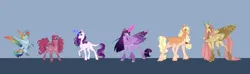 Size: 1024x302 | Tagged: safe, artist:pjj0, derpibooru import, applejack, fluttershy, pinkie pie, rainbow dash, rarity, twilight sparkle, twilight sparkle (alicorn), alicorn, earth pony, pegasus, pony, unicorn, g4, alternate design, aviator goggles, colored wings, curved horn, female, flying, goggles, hairband, horn, image, leonine tail, magic, mane six, mare, multicolored wings, png, rainbow wings, scar, spread wings, tail, twiterina design, unshorn fetlocks, wings