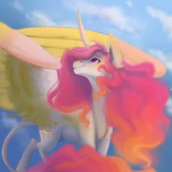 Size: 1024x1024 | Tagged: safe, artist:pjj0, derpibooru import, princess celestia, alicorn, pony, g4, female, image, leonine tail, mare, pink-mane celestia, png, solo, spread wings, tail, wings