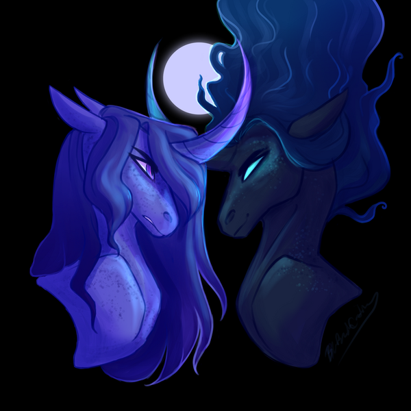 Size: 1024x1024 | Tagged: safe, artist:pjj0, derpibooru import, nightmare moon, princess luna, alicorn, pony, blank eyes, curved horn, duality, female, full moon, horn, image, mare, moon, png