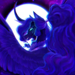 Size: 1024x1024 | Tagged: safe, artist:bluebrushcreations, derpibooru import, nightmare moon, princess luna, alicorn, pony, g4, blue eyes, blue mane, chanfron, curved horn, digital art, ear fluff, ethereal mane, eyeshadow, fangs, feather, female, flowing mane, helmet, horn, image, lidded eyes, looking at you, makeup, mare, moon, moonlight, night, peytral, png, redraw, signature, sky, smiling, smiling at you, solo, sparkles, spread wings, starry mane, stars, teeth, wings