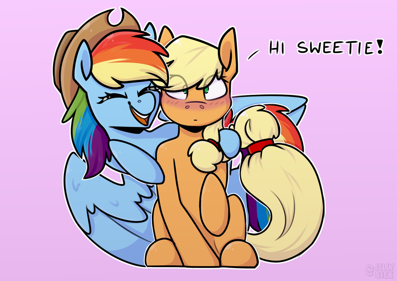 Size: 3508x2480 | Tagged: safe, artist:jellysiek, derpibooru import, applejack, rainbow dash, earth pony, pegasus, pony, g4, accessory swap, appledash, applejack's hat, blushing, cowboy hat, cute, dialogue, duo, duo female, eye clipping through hair, eyes closed, female, happy, hat, hatless, high res, hoof on shoulder, image, lesbian, mare, missing accessory, open mouth, open smile, png, raised hoof, raised tail, shipping, sitting, smiling, tail, wings