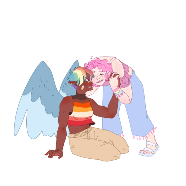 Size: 1024x1024 | Tagged: safe, artist:pjj0, derpibooru import, pinkie pie, rainbow dash, human, g4, bandaid, dark skin, duo, ear piercing, earring, elf ears, female, humanized, image, jewelry, lesbian pride flag, pansexual pride flag, piercing, png, pride, pride flag, simple background, sitting, transparent background, winged humanization, wings