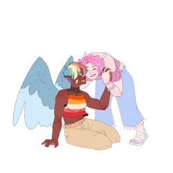 Size: 1024x1024 | Tagged: safe, artist:pjj0, derpibooru import, pinkie pie, rainbow dash, human, g4, bandaid, dark skin, duo, ear piercing, earring, elf ears, female, humanized, image, jewelry, lesbian pride flag, pansexual pride flag, piercing, png, pride, pride flag, simple background, sitting, transparent background, winged humanization, wings