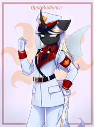 Size: 2229x3000 | Tagged: safe, artist:opal_radiance, derpibooru import, oc, anthro, changeling, changeling oc, clothes, image, png, solar empire, solo, uniform