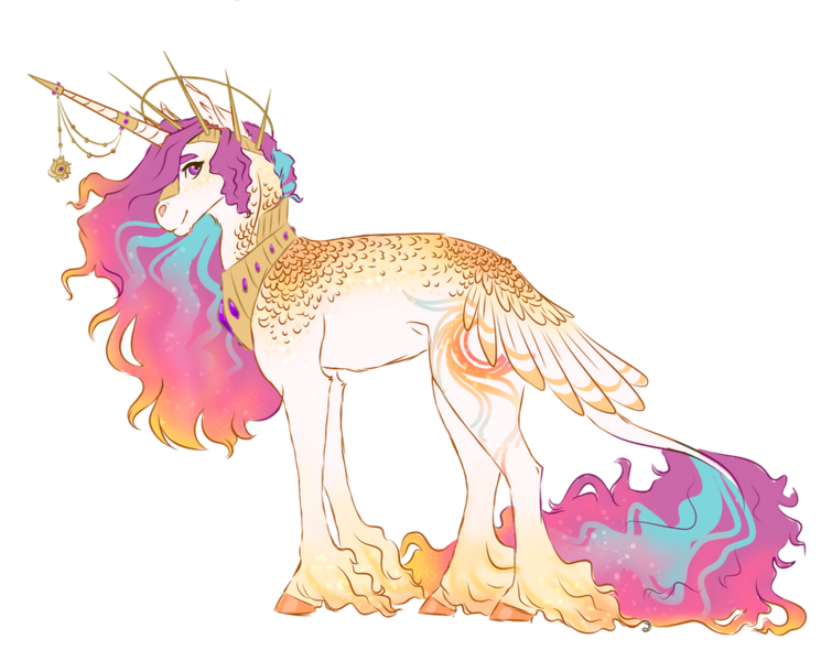 Size: 1024x825 | Tagged: safe, artist:pjj0, derpibooru import, princess celestia, pony, g4, alternate design, female, horn, horn jewelry, image, jewelry, leonine tail, mare, peytral, png, regalia, simple background, solo, tail, transparent background, unshorn fetlocks