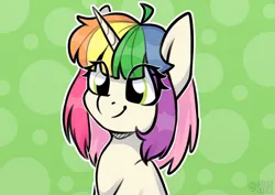 Size: 3508x2480 | Tagged: safe, artist:jellysiek, derpibooru import, oc, oc:kadus, unofficial characters only, pony, unicorn, cute, eye clipping through hair, female, high res, horn, image, mare, multicolored hair, ocbetes, png, rainbow hair, simple background, smiling, solo, unicorn oc