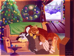 Size: 2048x1536 | Tagged: safe, artist:mrraapeti, derpibooru import, oc, oc:pavlos, unofficial characters only, gryphon, christmas, christmas tree, christmas wreath, couch, duo, fireplace, griffon oc, holiday, image, png, sleeping, snow, string lights, tree, window, wreath