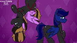 Size: 3840x2160 | Tagged: suggestive, artist:jellysiek, derpibooru import, oc, unofficial characters only, pegasus, pony, abstract background, bondage, duo, duo male and female, female, hanging, hanging upside down, high res, image, kinktober, kinktober 2020, latex, latex suit, looking at you, male, mare, oc x oc, pegasus oc, png, shipping, smiling, smiling at you, spread wings, stallion, straight, suspended, suspension bondage, tail, upside down, wings