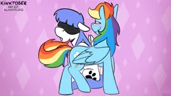 Size: 3840x2160 | Tagged: safe, artist:jellysiek, derpibooru import, rainbow dash, oc, oc:snow pup, pegasus, pony, g4, abstract background, blindfold, blushing, canon x oc, duo, duo female, female, floppy ears, image, kinktober, kinktober 2020, lesbian, looking at someone, mare, open mouth, pegasus oc, png, shipping, sitting, smiling, tail, wings