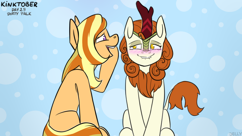 Size: 3840x2160 | Tagged: suggestive, artist:jellysiek, derpibooru import, autumn blaze, oc, earth pony, kirin, pony, g4, blushing, canon x oc, dirty talk, duo, duo female, earth pony oc, female, horn, image, kinktober, kinktober 2020, lesbian, lip bite, mare, open mouth, open smile, png, raised hoof, shipping, sitting, smiling, whispering