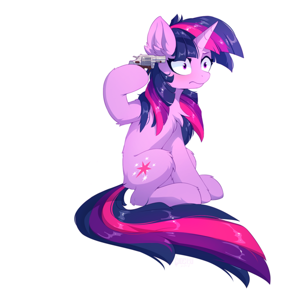 Size: 1221x1280 | Tagged: semi-grimdark, artist:danli69, artist:hioshiru, edit, twilight sparkle, pony, unicorn, attempted suicide, blushing, chest fluff, disturbed, ear fluff, eyelashes, female, fluffy, gun, handgun, hoof hold, horn, i want to die, image, imminent suicide, implied suicide, mare, messy mane, pinpoint eyes, png, reaction image, revolver, shrunken pupils, simple background, sitting, solo, suicide, thousand yard stare, unicorn twilight, weapon, white background, wide eyes, wingless, wingless edit