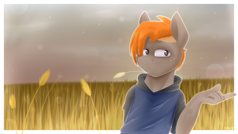 Size: 3840x2160 | Tagged: safe, artist:jellysiek, derpibooru import, oc, oc:carmel, unofficial characters only, anthro, earth pony, pony, clothes, earth pony oc, field, food, freckles, high res, image, png, simple background, solo, standing, straw in mouth, wheat