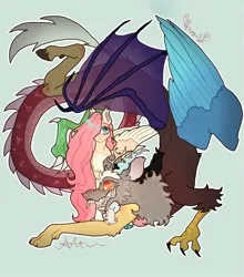 Size: 1124x1280 | Tagged: safe, artist:stygios, derpibooru import, discord, fluttershy, draconequus, pegasus, pony, g4, chest fluff, discoshy, duo, female, image, jpeg, male, mare, sharp teeth, shipping, simple background, straight, teeth, transparent wings, wings