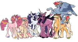 Size: 780x418 | Tagged: safe, artist:stygios, derpibooru import, applejack, fluttershy, pinkie pie, rainbow dash, rarity, twilight sparkle, twilight sparkle (alicorn), alicorn, earth pony, pegasus, pony, unicorn, g4, braid, braided tail, chest fluff, female, flying, glasses, horn, image, leonine tail, magic, mane six, mare, png, simple background, sitting, tail, unshorn fetlocks, white background