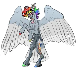 Size: 780x685 | Tagged: safe, artist:stygios, derpibooru import, rainbow dash, pegasus, pony, g4, alternate design, aviator goggles, chest fluff, ear piercing, earring, eye scar, facial scar, fangs, female, goggles, goggles on head, image, jewelry, mare, nose piercing, nose ring, open mouth, piercing, png, rearing, scar, simple background, solo, spread wings, unshorn fetlocks, white background, wings