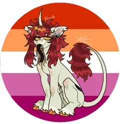 Size: 780x809 | Tagged: safe, artist:stygios, derpibooru import, oc, unofficial characters only, centipede, pony, spider, unicorn, curved horn, ear piercing, earring, female, horn, image, jewelry, leonine tail, lesbian pride flag, mare, piercing, png, ponies eating insects, pride, pride flag, sitting, slit pupils, solo, tail, unshorn fetlocks