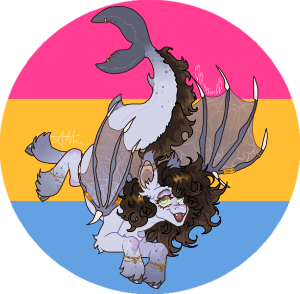 Size: 780x763 | Tagged: safe, artist:stygios, derpibooru import, oc, unofficial characters only, hybrid, merpony, pony, bracelet, ear piercing, earring, fangs, female, flying, image, jewelry, mare, nose piercing, pansexual pride flag, piercing, png, pride, pride flag, ring, solo, tail, tail piercing, tail ring, unshorn fetlocks, wing piercing, wings