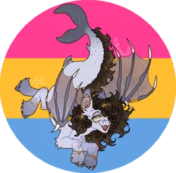 Size: 780x763 | Tagged: safe, artist:stygios, derpibooru import, oc, unofficial characters only, hybrid, merpony, pony, bracelet, ear piercing, earring, fangs, female, flying, image, jewelry, mare, nose piercing, pansexual pride flag, piercing, png, pride, pride flag, ring, solo, tail, tail piercing, tail ring, unshorn fetlocks, wing piercing, wings