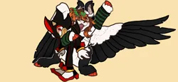 Size: 780x358 | Tagged: safe, artist:stygios, derpibooru import, oc, unofficial characters only, hedgehog, pegasus, pony, arm warmers, clothes, colored wings, colored wingtips, duo, image, male, open mouth, png, shadow the hedgehog, sonic the hedgehog (series), spread wings, wings