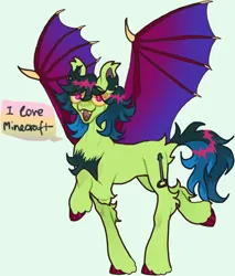 Size: 780x914 | Tagged: safe, artist:stygios, derpibooru import, oc, unofficial characters only, bat pony, pony, chest fluff, dialogue, fangs, green background, image, png, simple background, solo, speech bubble, spread wings, wings