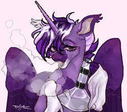 Size: 780x694 | Tagged: safe, artist:stygios, derpibooru import, oc, unofficial characters only, alicorn, pony, alicorn oc, bong, drug use, drugs, fangs, horn, image, male, marijuana, png, simple background, smoking, solo, stallion, unshorn fetlocks, wings