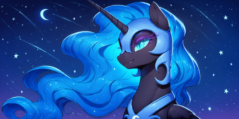 Size: 2400x1200 | Tagged: safe, ai content, derpibooru import, machine learning generated, prompter:greesys, nightmare moon, pony, image, png, solo