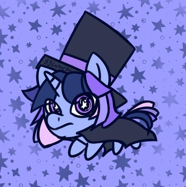 Size: 1205x1210 | Tagged: safe, artist:andsonlockedbox, derpibooru import, oc, oc:flawless sparklemoon, pony, unicorn, cape, chibi, clothes, female, full body, fusion, fusion:trixie, fusion:twilight sparkle, fusion:twixie, hat, horn, image, looking at you, mare, my little pony the movie: the death of twilight sparkle, png, purple background, simple background, solo, star background, starry eyes, top hat, wingding eyes